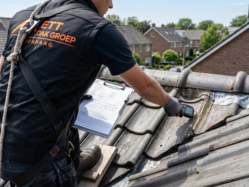 Dakdekker voert een gratis dakinspectie uit op een dak in Leiden