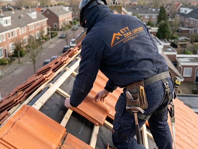 Dakdekker vervangt dakpannen op een hellend dak van een woning in Leiden